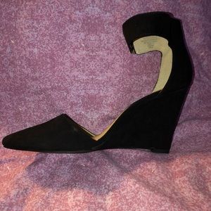 High heel black suede shoes, ankle strap